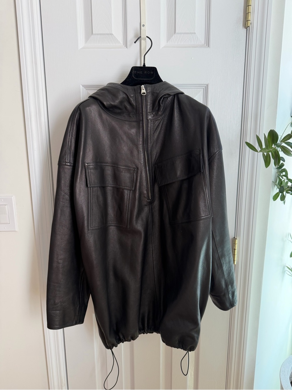 Arket Black Leather Hooded Bomber Jacket S